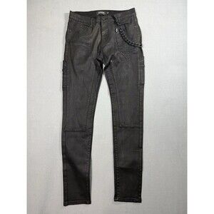 GUAPI Mens 34 Black Waxed Coated Denim Jeans Cross Logo Chain Carpenter Skinny